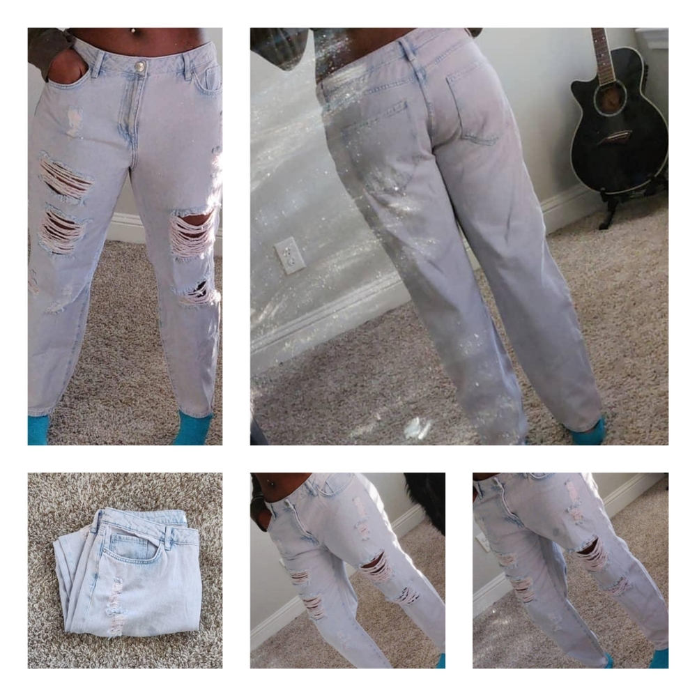 Faded Pink Distressed Denim Boyfriend Jeans - Picture 2 of 8